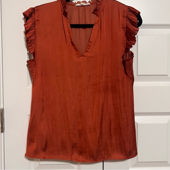grade & gather Tops - Elegant V-Neck Ruffle Sleeve Top in Rust